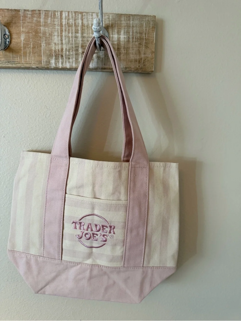 🛍️✨ NWT Mini Trader Joe's Canvas Tote Bag – Pink & Beige Stripes 🔥 NEW RELEASE